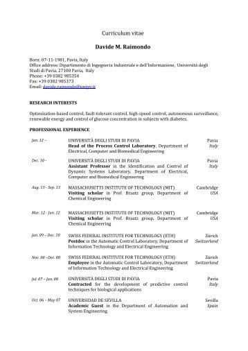 Curriculum vitae Davide M. Raimondo - UniversitÃ  degli studi di Pavia