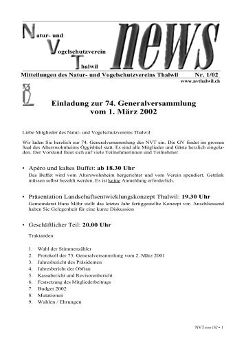 NVT news 2002/1 - und Vogelschutzverein Thalwil