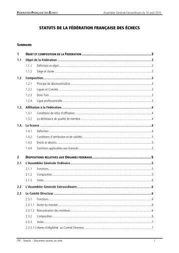 STATUTS DE LA FÃDÃRATION FRANÃAISE DES ÃCHECS