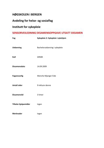 Sykepleie Sensorveiledning Sykepleie2 Sykepleie i sykehjem 140909