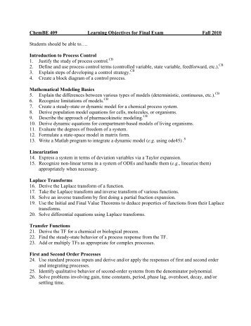 ChemBE 409 Learning Objectives for Final Exam Fall ... - Gray Lab