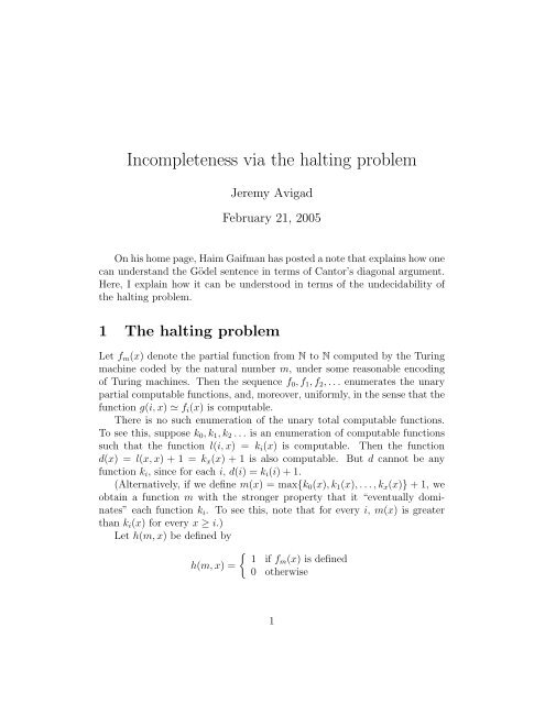 Incompleteness via the halting problem