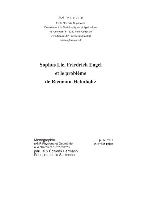 Sophus Lie, Friedrich Engel et le problÃ¨me de Riemann ... - DMA - Ens