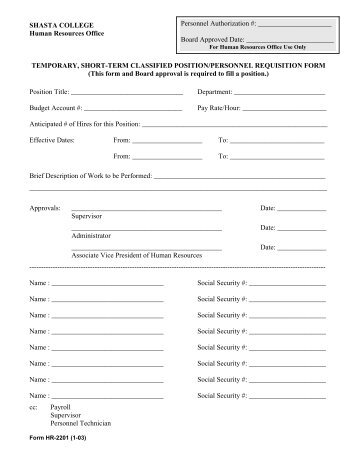 temporary, short-term personnel requisition form - Shasta College