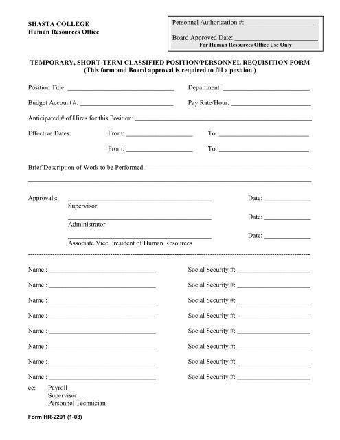 temporary, short-term personnel requisition form - Shasta College
