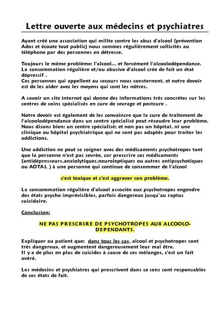 Lettre ouverte aux médecins et psychiatres - Stop-alcool