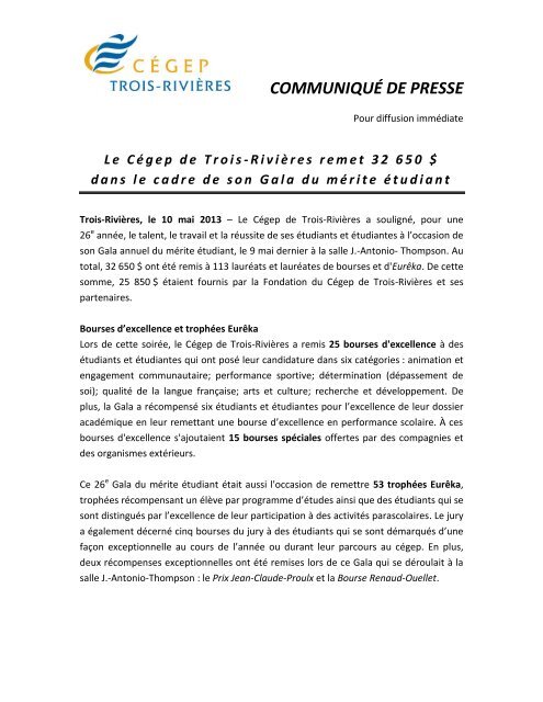COMMUNIQUÉ DE PRESSE - Cégep de Trois-Rivières