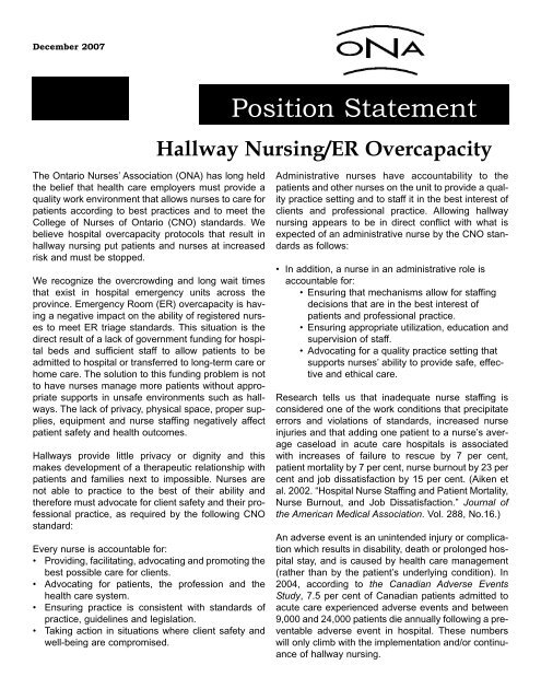 Hallway Nursing/ER Overcapacity - Ontario Nurses' Association