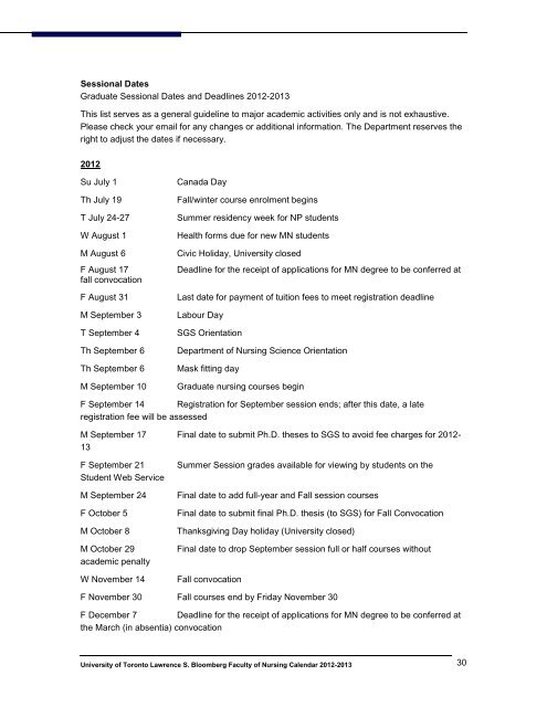 Calendar 2012-2013 - Lawrence S. Bloomberg Faculty of Nursing