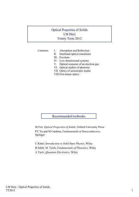 Optical Properties of Solids LM Herz Trinity Term 2012 ...