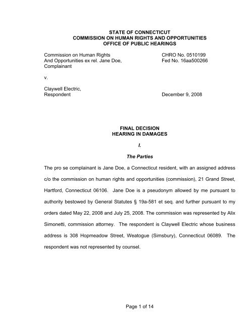 CHRO ex rel. Doe v. Claywell Electric - Connecticut Employment ...