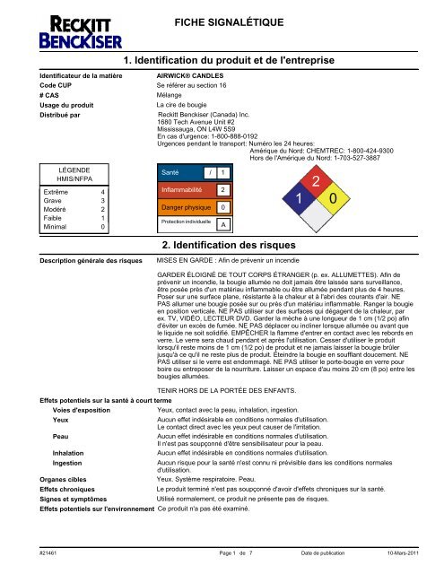 FICHE SIGNALÉTIQUE 1. Identification du ... - Reckitt Benckiser