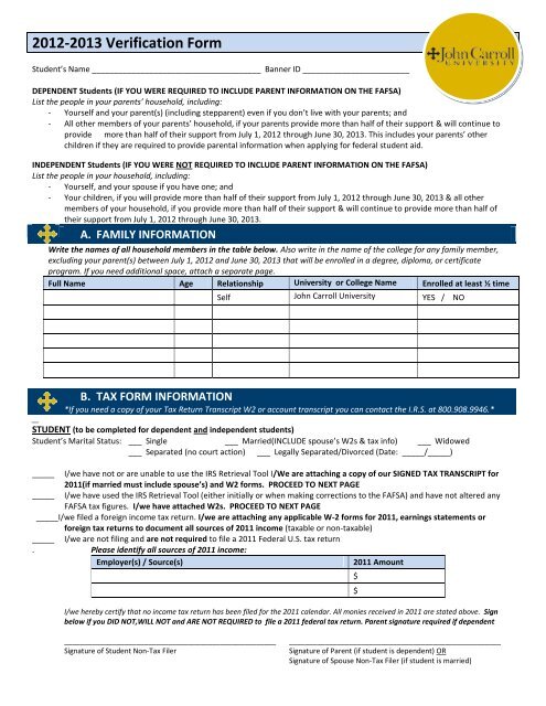 2012-2013 Verification Form - John Carroll University