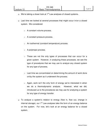 Lecture 13 ES 346 Basic Thermodynamics We're taking a closer ...