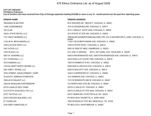 475 Ethics Ordinance List as of August 2009 - City of Chicago