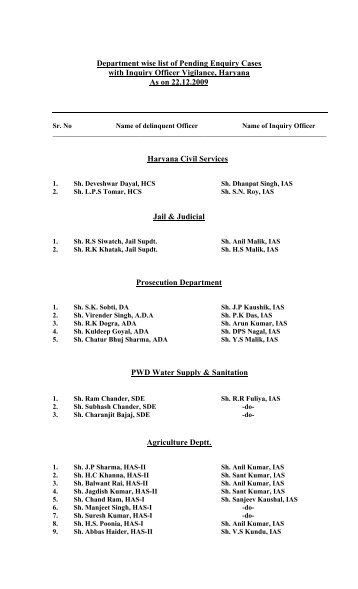 Department wise list of pending Enquiry Cases