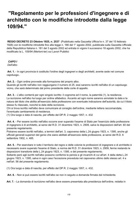 REGIO DECRETO n. 2537 23/10/1925 - Ordine degli Architetti della ...