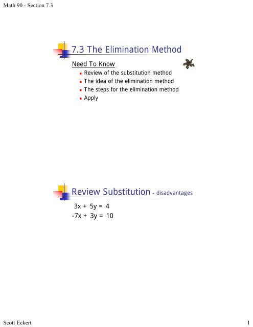 7.3 The Elimination Method Review Substitution - disadvantages