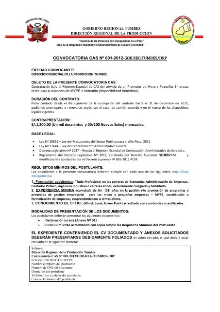 CONVOCATORIA CAS Nº 001‐2012‐GOB.REG.TUMBES/DRP