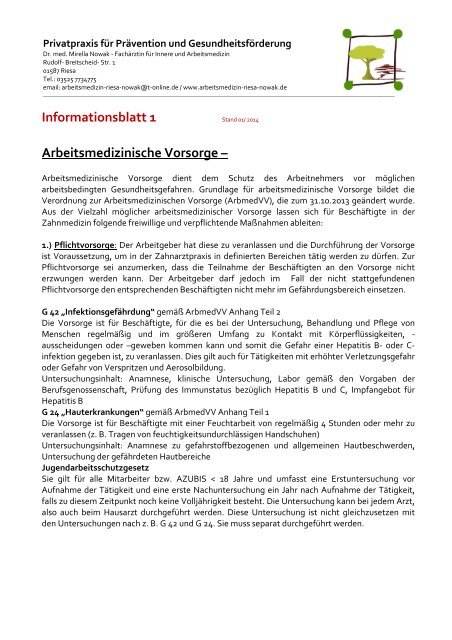 Informationsblatt 1 Arbeitsmedizinische Untersuchungen ...