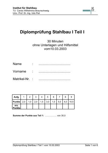 DiplomprÃ¼fung Stahlbau I Teil I - Institut fÃ¼r Stahlbau