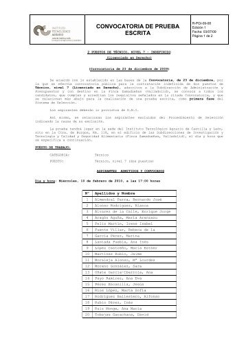 CONVOCATORIA DE PRUEBA ESCRITA - ITACyL