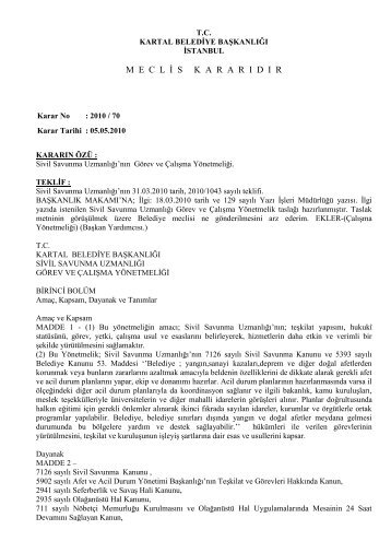 Sivil Savunma Uzmanlığı Çalışma Yönetmeliği ... - Kartal Belediyesi