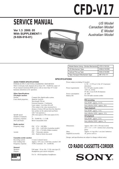 SONY MEGA BASS CFD-550 CD PLAYER USER MANUAL