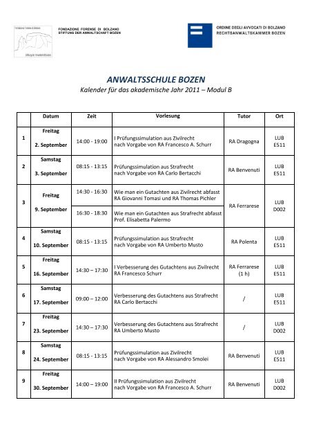 ANWALTSSCHULE BOZEN - Ordine degli Avvocati di Bolzano