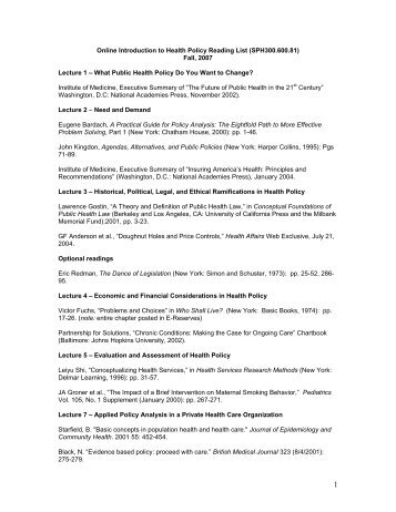 Online Introduction to Health Policy Reading List - Johns Hopkins ...