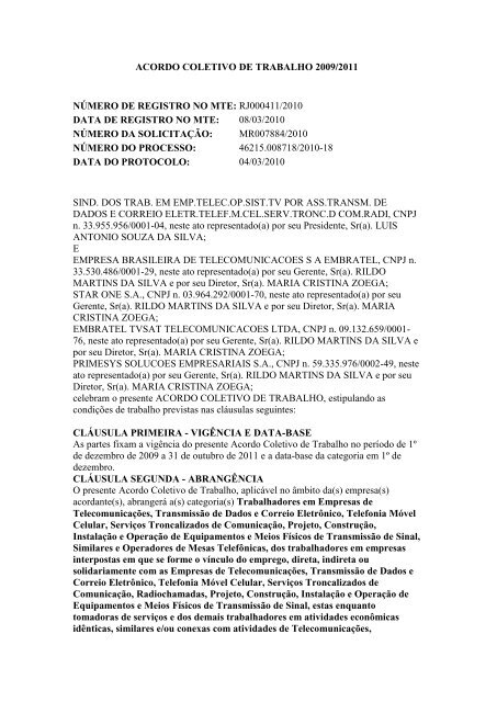 ACORDO COLETIVO DE TRABALHO 2009/2011 ... - Sinttel - Rio