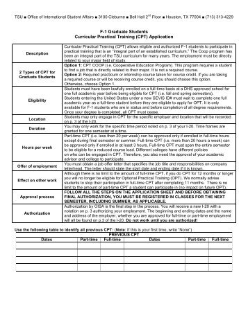 F-1 Graduate Students Curricular Practical Training (CPT) Application