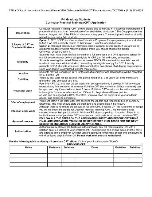 F-1 Graduate Students Curricular Practical Training (CPT) Application