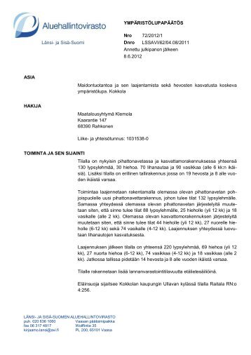 YMPÃRISTÃLUPAPÃÃTÃS Nro 72/2012/1 LÃ¤nsi- ja SisÃ¤-Suomi ...