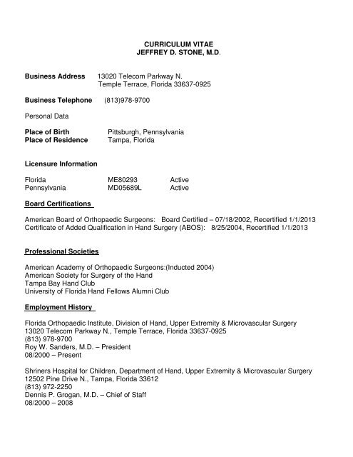 CURRICULUM VITAE JEFFREY D. STONE, M.D. Business Address ...