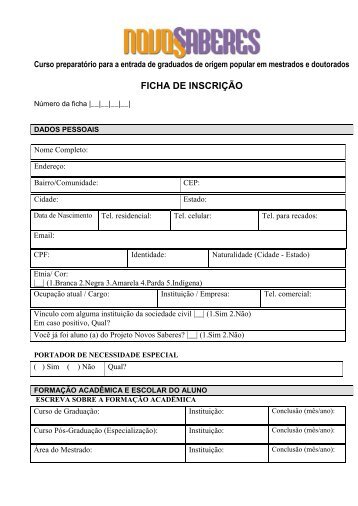 Baixe aqui a ficha de prÃ©-inscriÃ§Ã£o para o projeto Novos Saberes ...