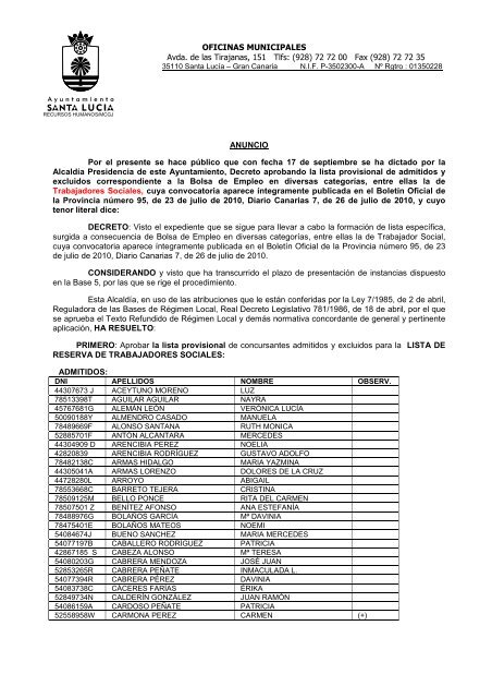 Anuncio de lista Provisional de Admitidos y Excluidos para la Lista ...