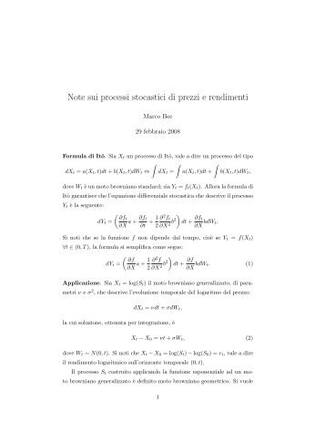 Note sui processi stocastici di prezzi e rendimenti