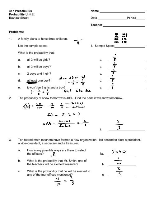 417 Precalculus Name Probability Unit II Review Sheet Date Period ...