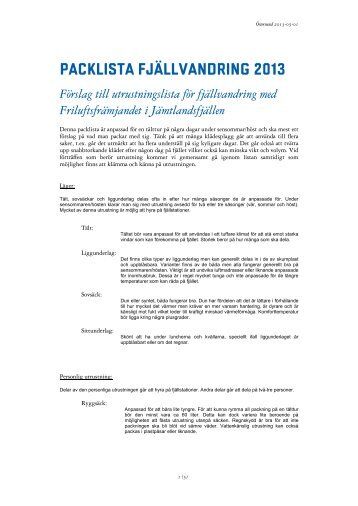 Packlista fjällvandring 2013 - Friluftsfrämjandet