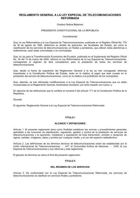 reglamento general a la ley especial de telecomunicaciones - Lexadin