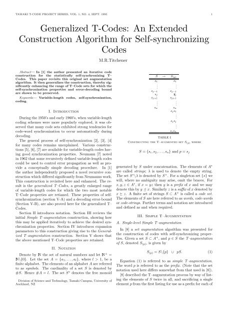 Generalized T-Codes: An Extended Construction Algorithm for Self ...