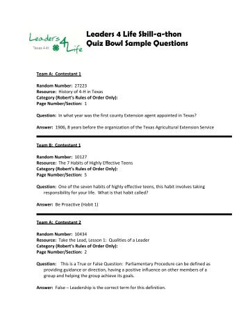 Leaders 4 Life Skill-a-thon Quiz Bowl Sample Questions