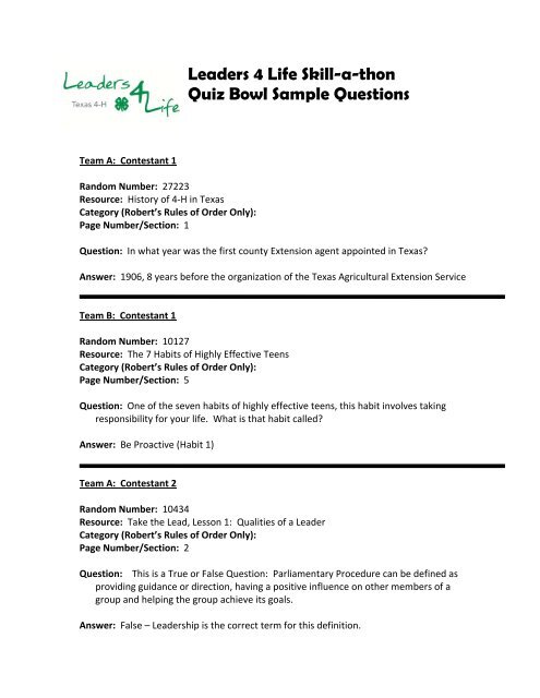 Leaders 4 Life Skill-a-thon Quiz Bowl Sample Questions