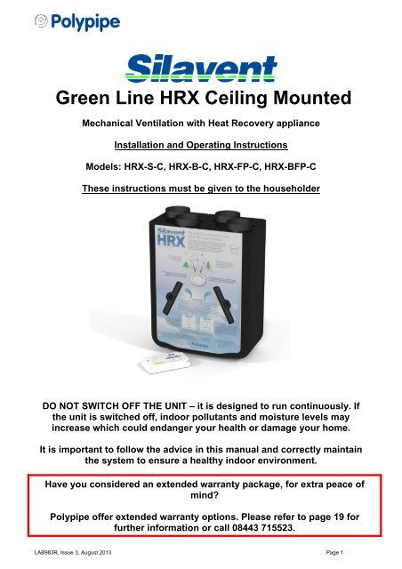 Silavent Green Line HRX Ceiling Mounted - Polypipe