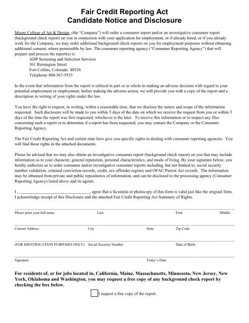 Background Check - Applicant Disclosure - Moore College of Art ... Background Check - Applicant Disclosure - Moore College of Art ...