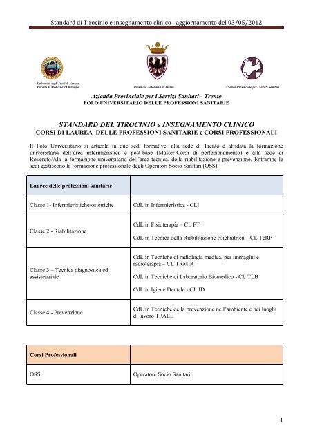Standard di Tirocinio e insegnamento clinico - Azienda Provinciale ...