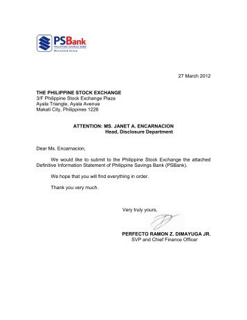 27 March 2012 THE PHILIPPINE STOCK EXCHANGE 3/F ... - PSBank