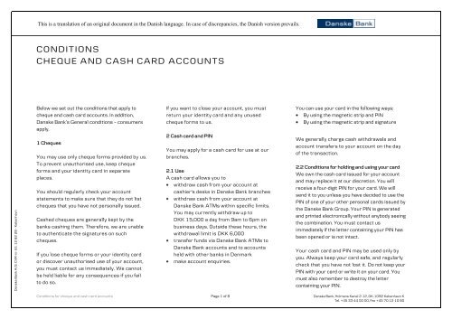 Conditions Cheque and Cash Card Accounts - Danske Bank