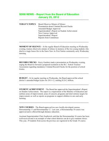 Report from Board January 25, 2012 - SD68 School District